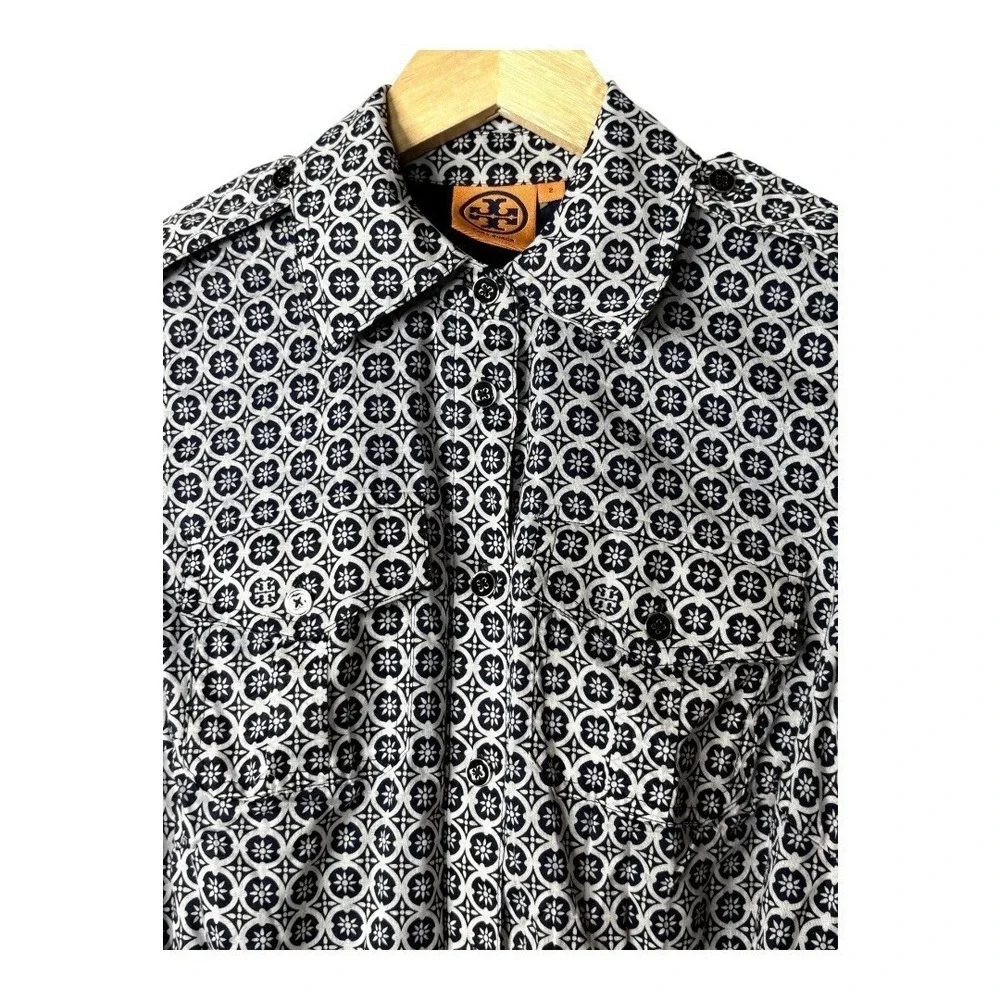 Tory Burch Cotton Shirt Dress Size 2 Geometric Print Roll Tab Sleeve Belted Mini